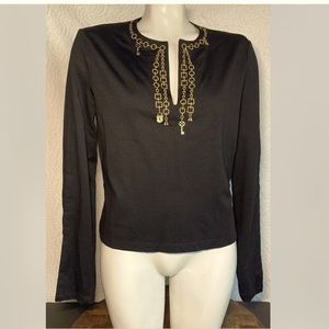 ESCADA Vintage Shirt Women Black Long Sleeve Top Round Neckline Gold Charms